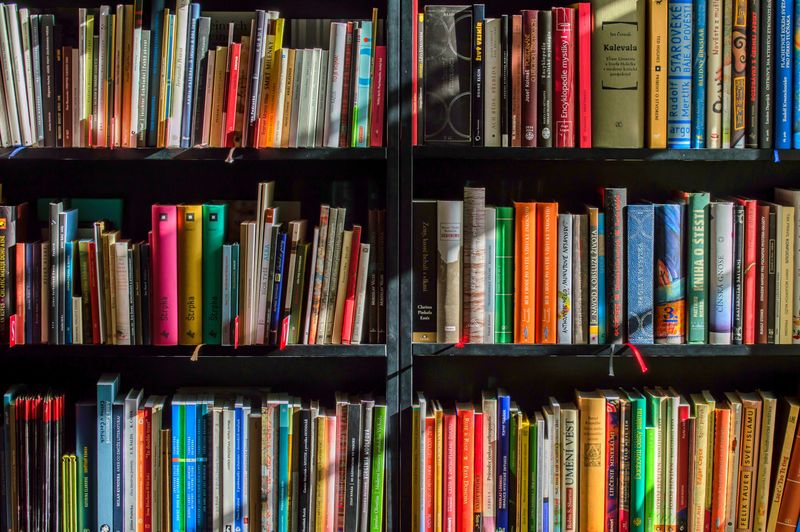 Estantería con libros y carpetas ordenadas por tema